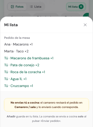 Mesa de restaurante con carta y pedido