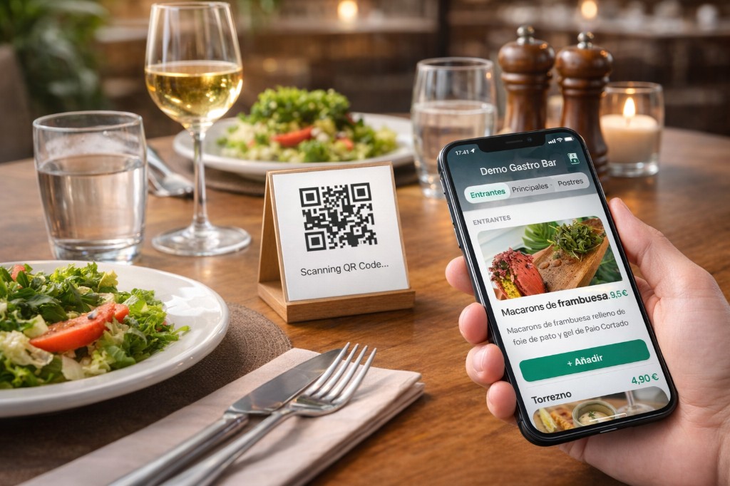 Cliente escaneando QR y usando carta digital en restaurante